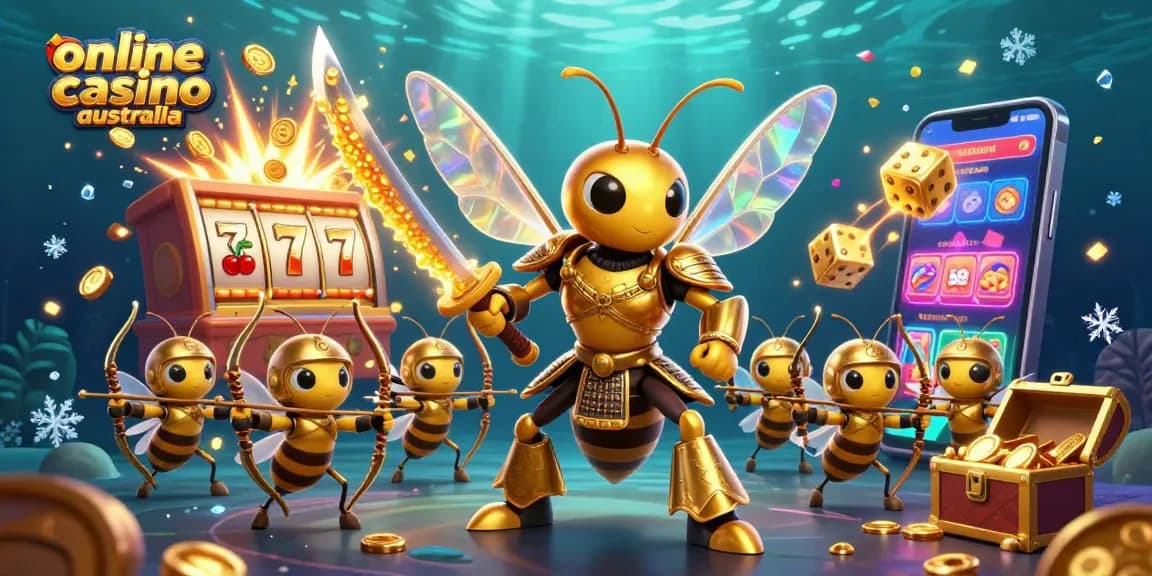 Engage with the vibrant scene of an online casino australia featuring a giant hornet and thrilling game elements.