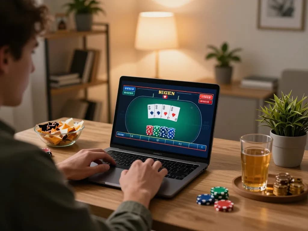 Player engaging in an online poker game at home with 98win, showcasing chips and cards on the screen.
