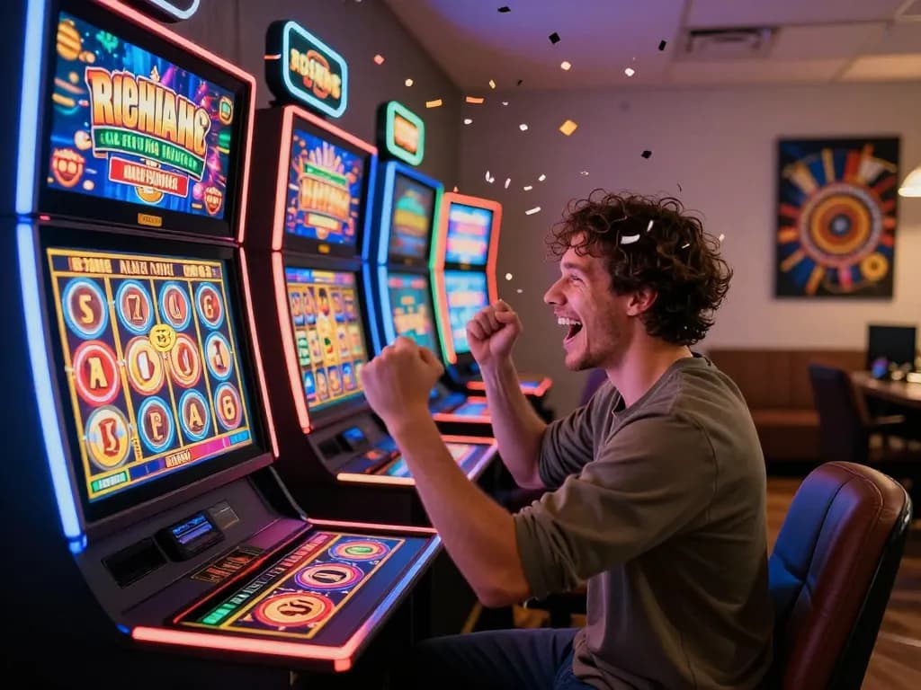 Exciting online casino experience at https://32win.agency/ with a person celebrating a win at virtual slot machine amid vibrant graphics.