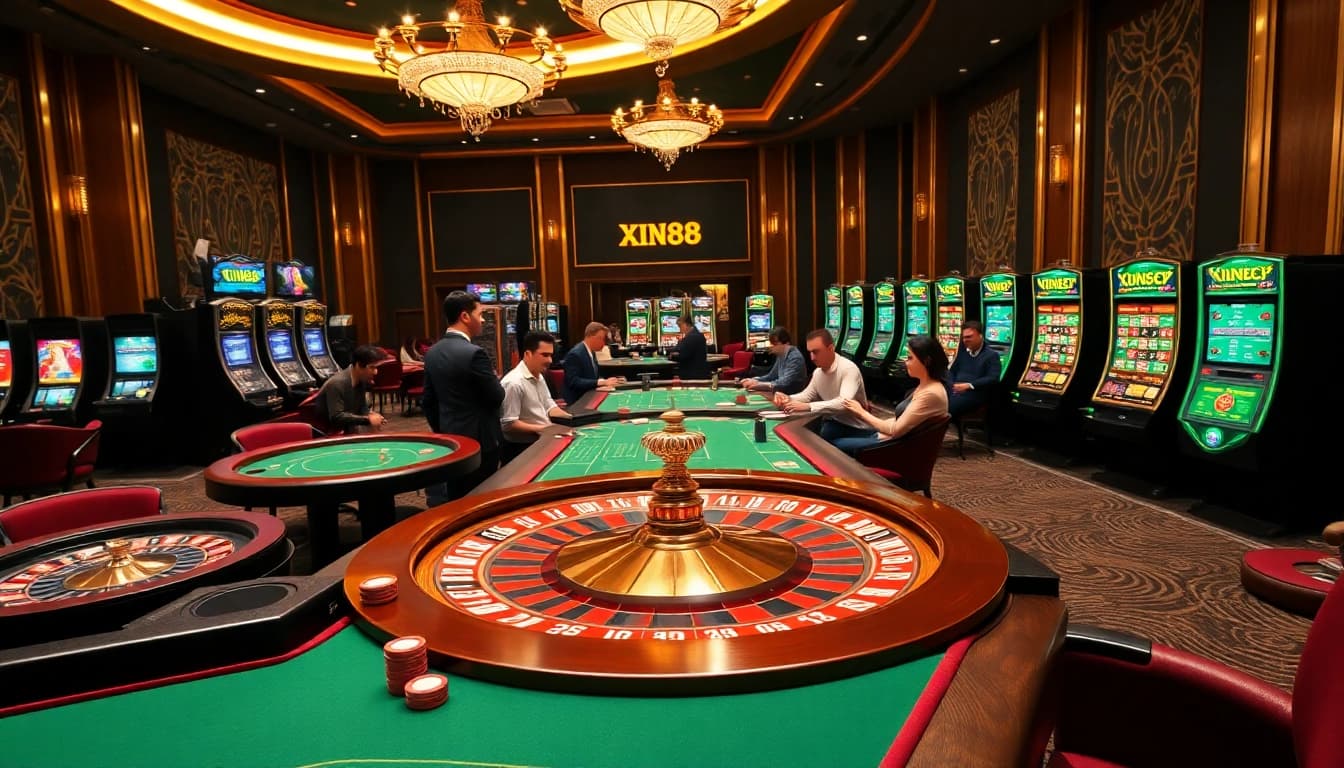 XIN88 vibrant casino scene highlighting roulette wheels and poker chips