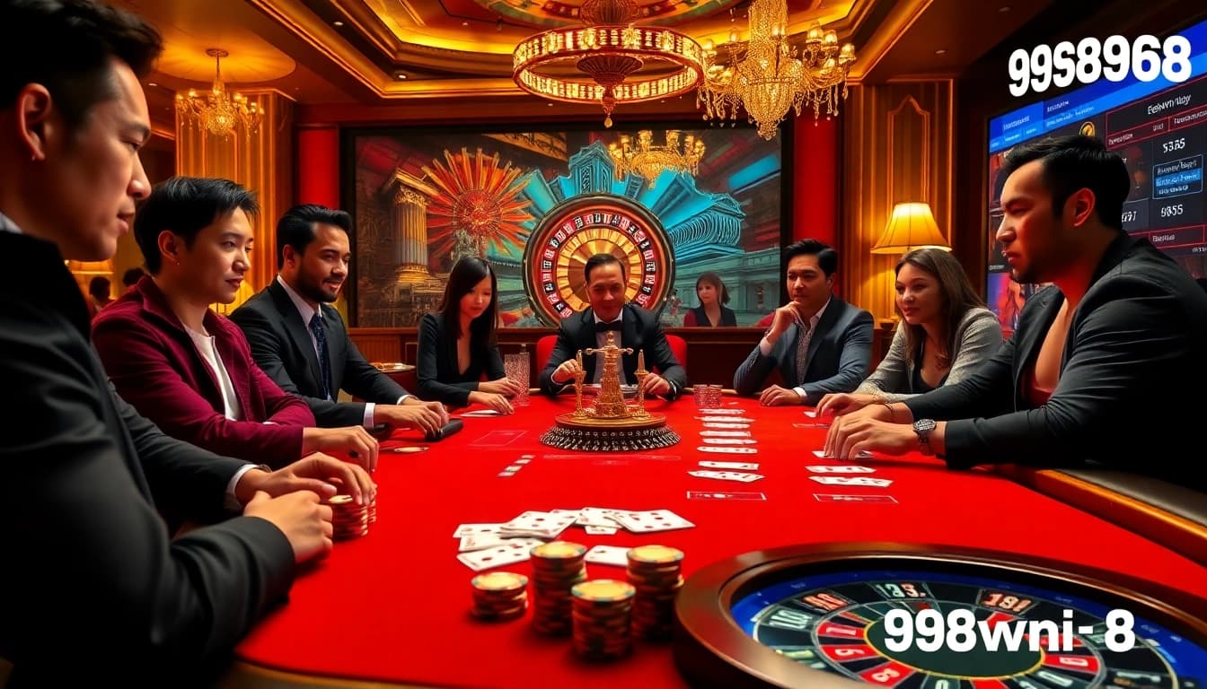 Engage in high-stakes poker action with 98win58 at a luxurious casino table featuring vibrant chips and cards.