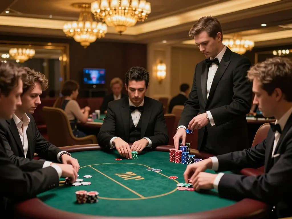 Players at a w4u high-stakes poker table in a luxurious casino environment.