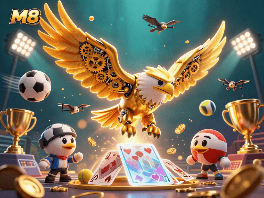 M88 offers an exciting view of a cybernetic golden eagle in a dynamic casino scene.