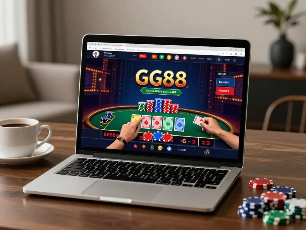 Engaging in the immersive gameplay of casino gg88 on a high-end laptop at home with vibrant game graphics.