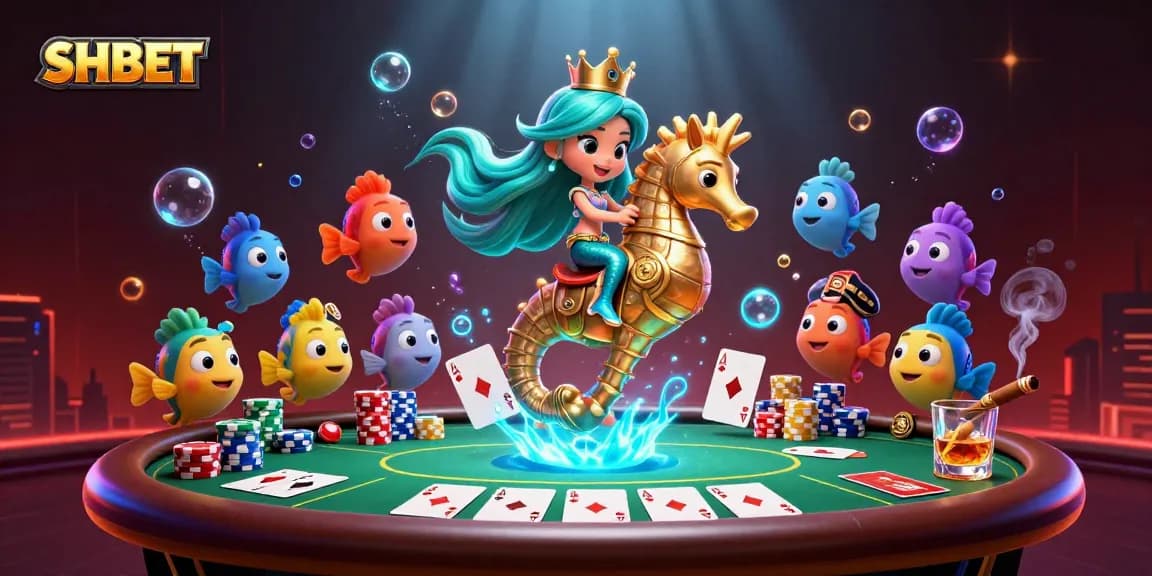 Engage with SHBET's vibrant underwater casino scene featuring a mermaid and poker elements.