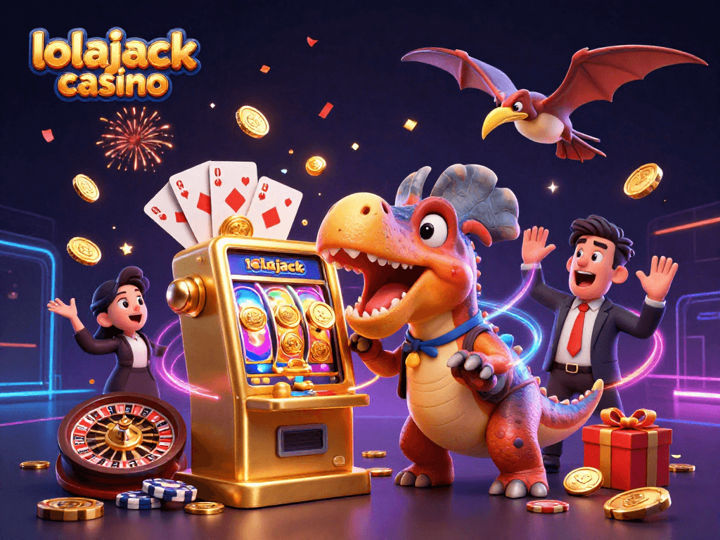 Experience thrilling action at lolajack casino with dinosaur characters amid a jackpot celebration scene.