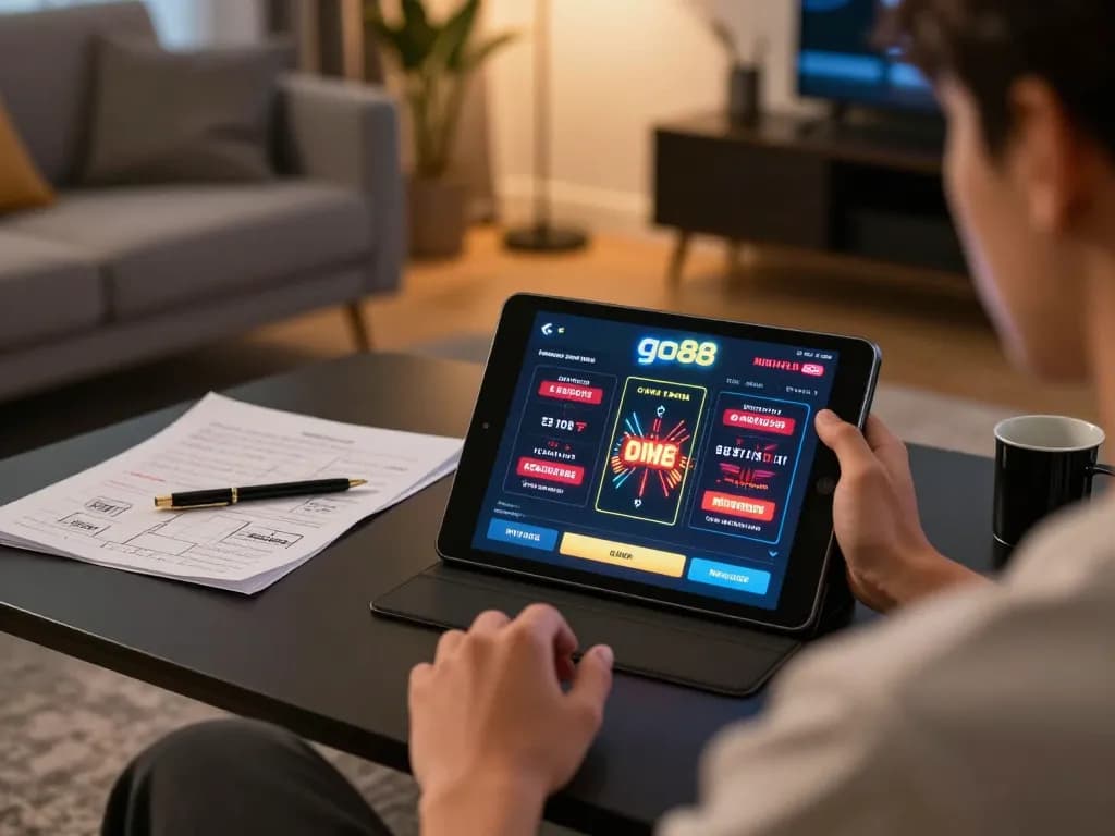 Engaging in go88 live gaming with a tablet showing casino interface in a cozy home setup.