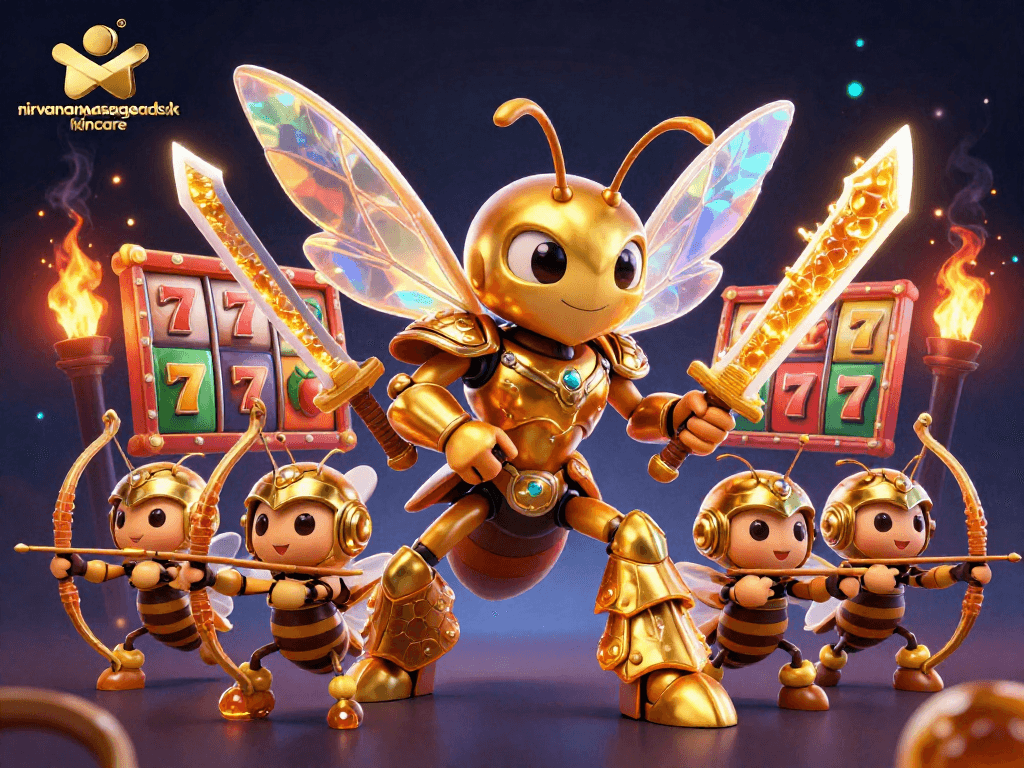 Engage in thrilling slot gameplay with nirvanamassageandskincare in this vibrant casino illustration featuring golden hornet samurai.
