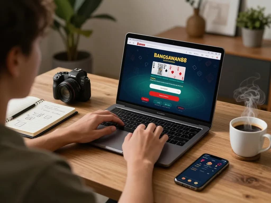 Bangsawan88 login interface displayed on a laptop during an online blackjack session in a cozy home office.