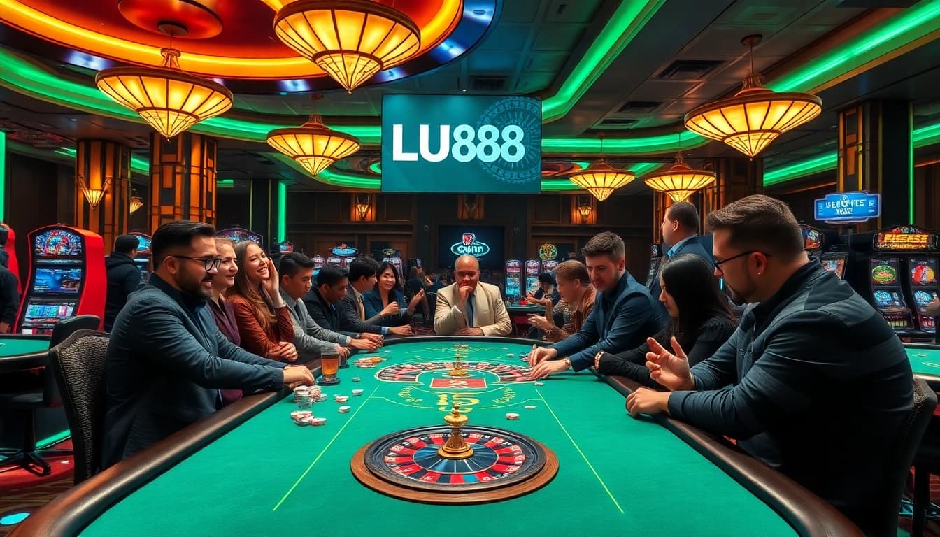 Engage with thrilling casino action at LU88, featuring poker tables and excitement-filled players.