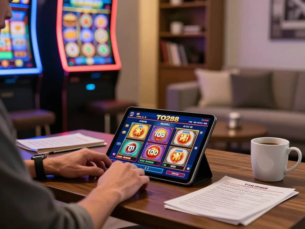Player engaging with TO288 app on tablet for immersive online casino experience, warm home atmosphere