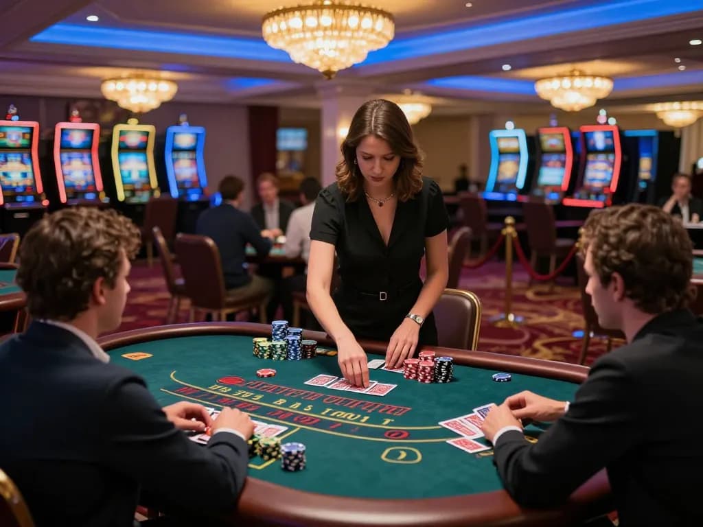 Players enjoying blackjack at a luxurious casino applying tr88 strategies for winning.