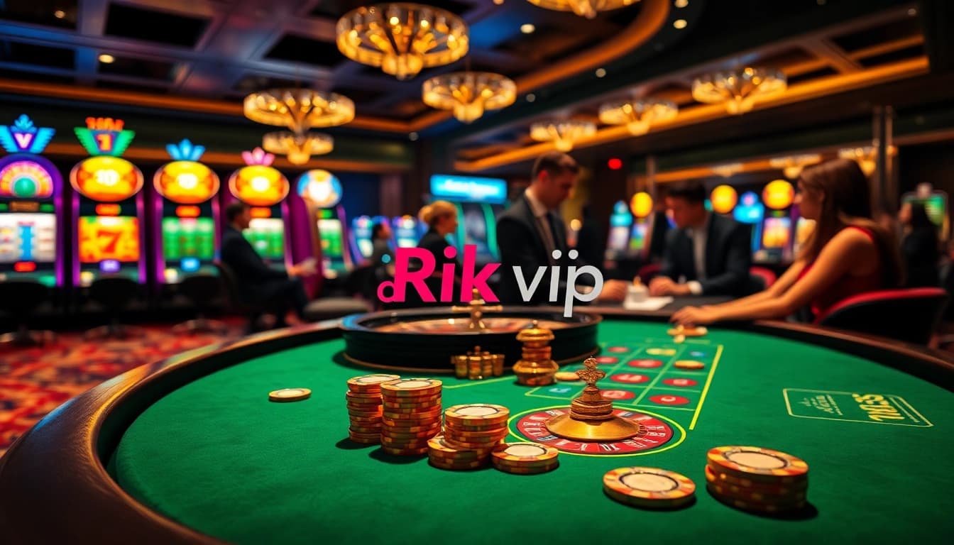 Engaged players enjoying high-stakes games at Rik vip's luxurious casino, surrounded by vibrant slot machines.