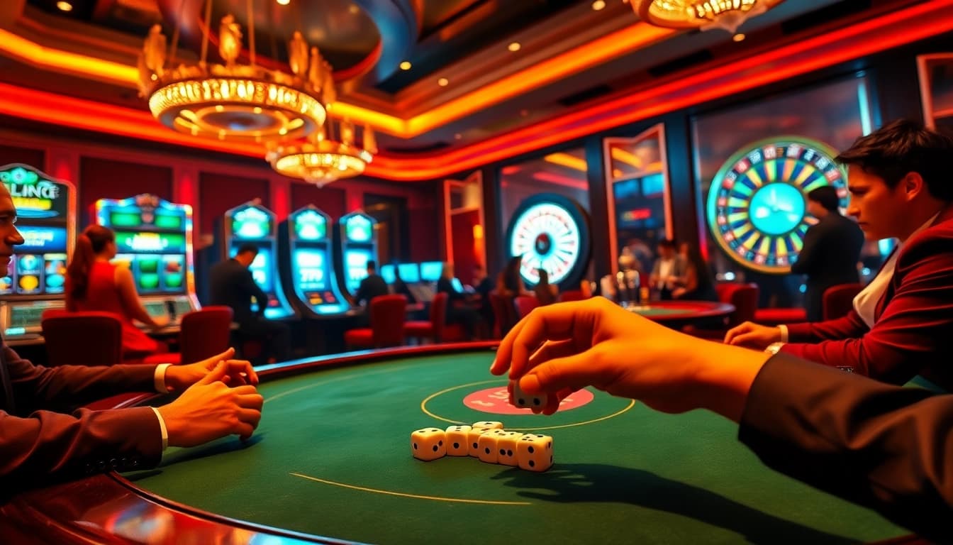 Engaging casino action featuring Giải mã giấc mơ insights with poker chips, dice, and slot machines.
