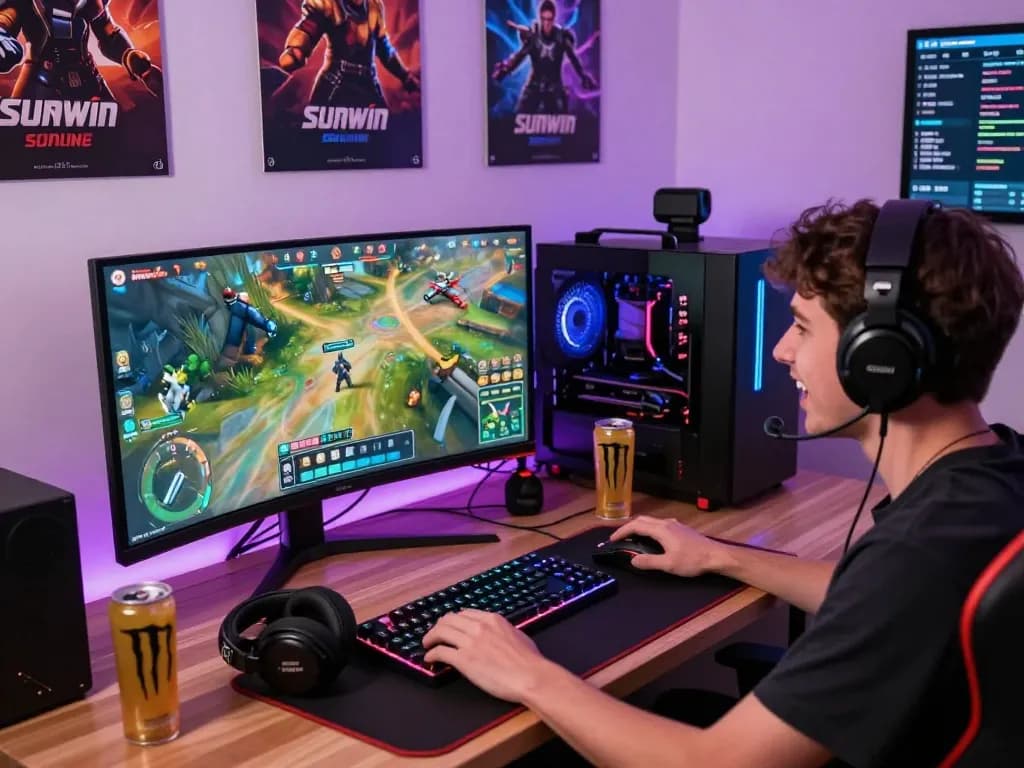 Immersive gaming scene showcasing sunwin cổng game số 1 with vibrant graphics, high-performance setup, and energetic atmosphere.