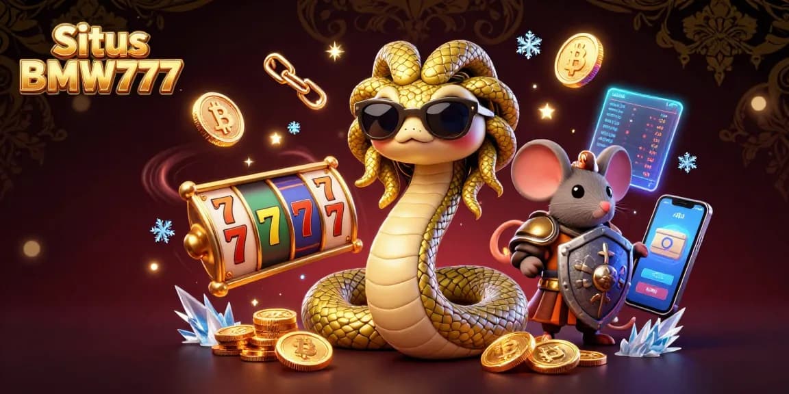 Situs BMW777 showcases a vibrant 3D casino scene with Medusa and a warrior mouse amidst slot reels and glowing crypto coins.