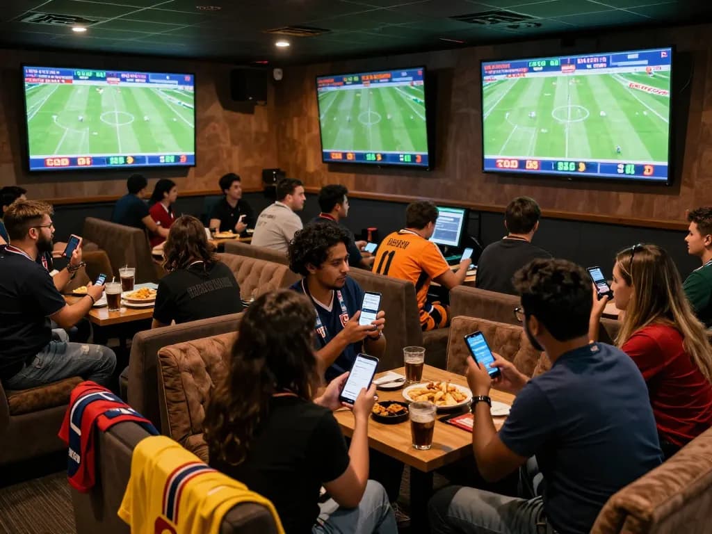 Fans engaging in Keo nha cai sports betting with live matches displayed on large screens.