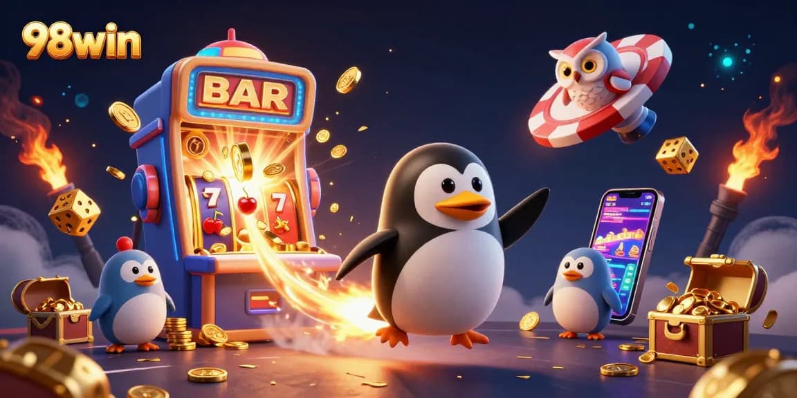 Experience exciting 98win gameplay featuring a fun penguin character and vibrant casino elements.