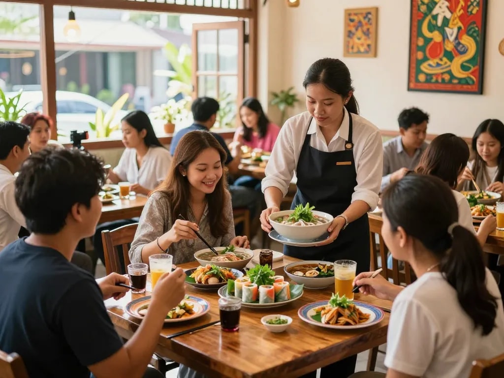 Dining scene at Saigon Cafe featuring traditional dishes from https://www.saigoncafesterling.com/menus, vibrant atmosphere and happy diners.