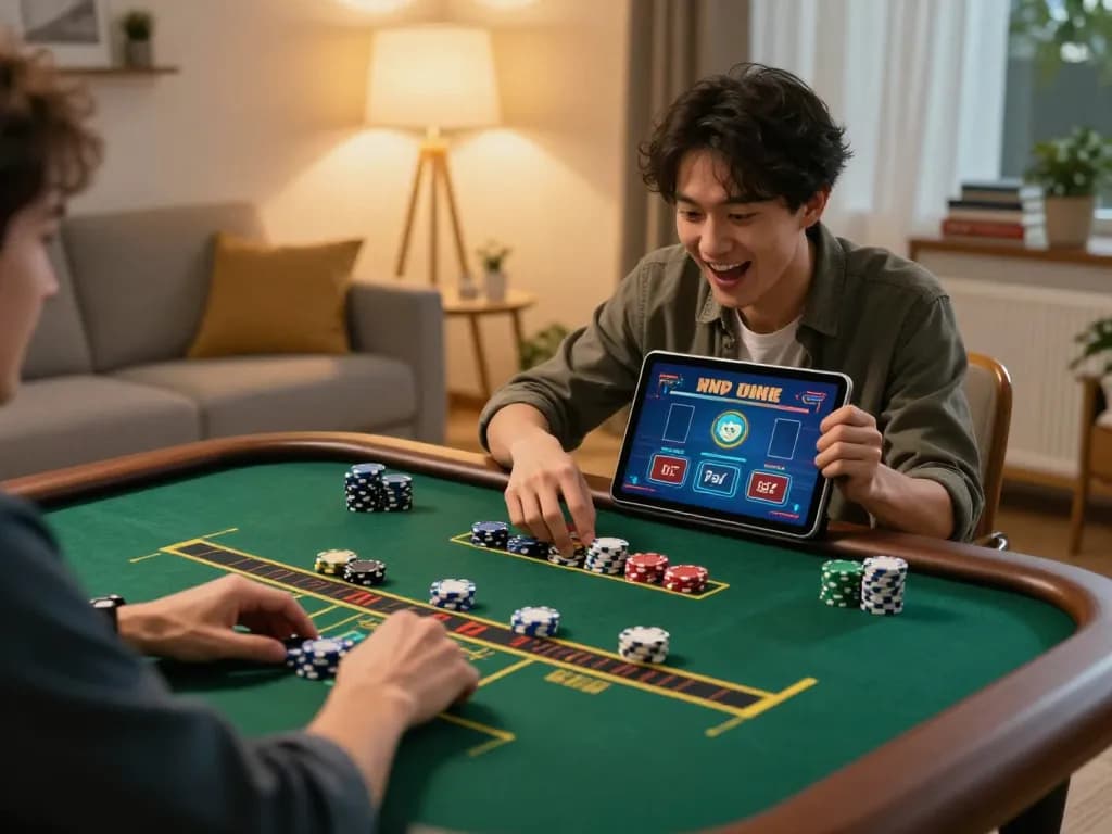 God55 user enjoying live dealer game on tablet in a cozy home setting.