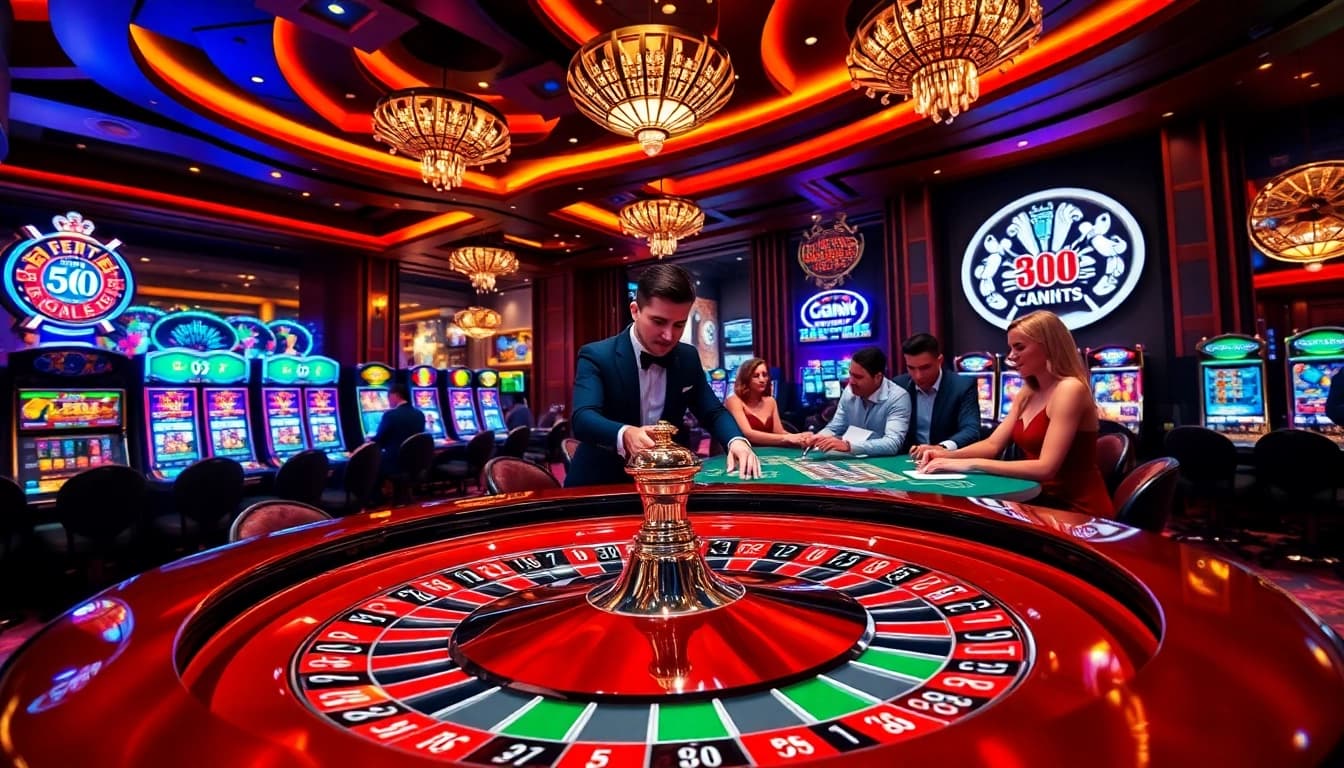 Engaging scene of players at nhà cái mm88 casino, enjoying poker and roulette, with vibrant colors and thrilling atmosphere.