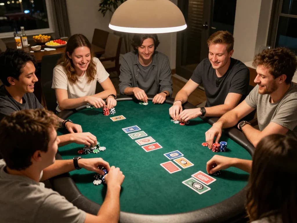 Friends enjoying a lively MK8 poker night, showcasing strategic gameplay and camaraderie.