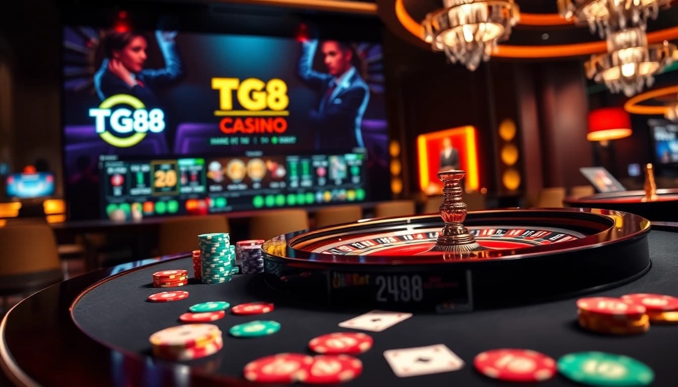 Experience the excitement of casino gaming at TG88 featuring vibrant poker chips and cards.