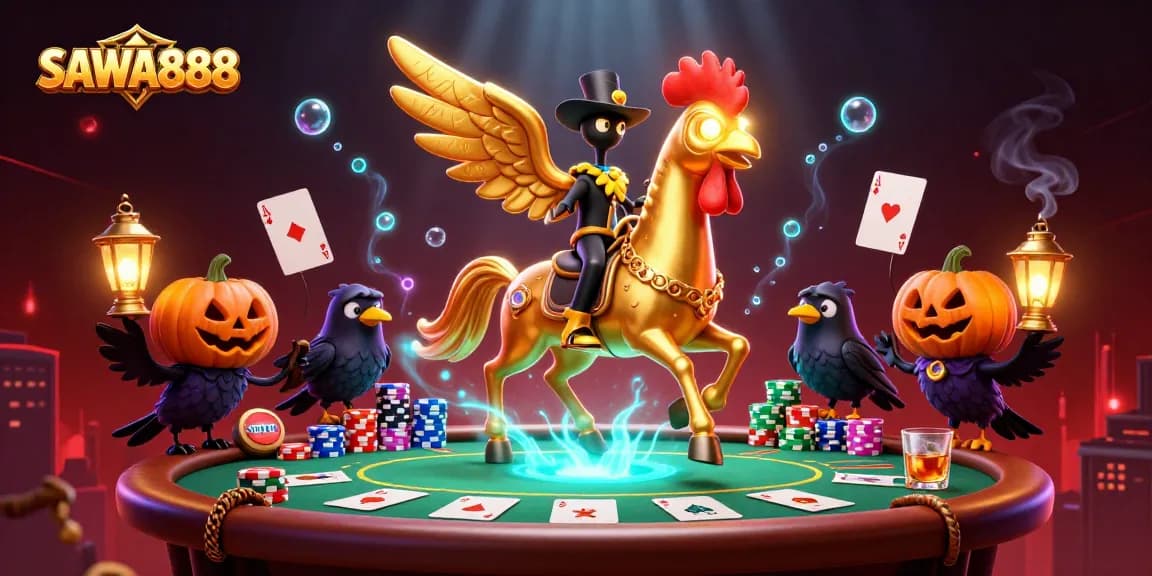 Experience SAWA888 with golden rooster and spectral horse in a vibrant casino scene.