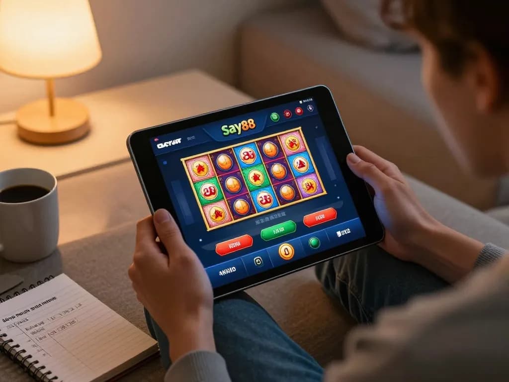 Experience gameplay on say88 casino app with tablet in a cozy home atmosphere.