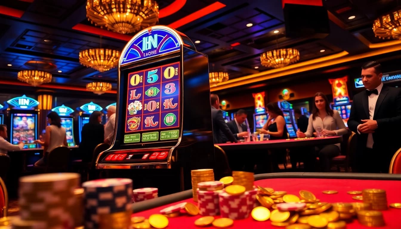 Engaging players enjoying the thrill of the IDN slot machine in a vibrant casino atmosphere.