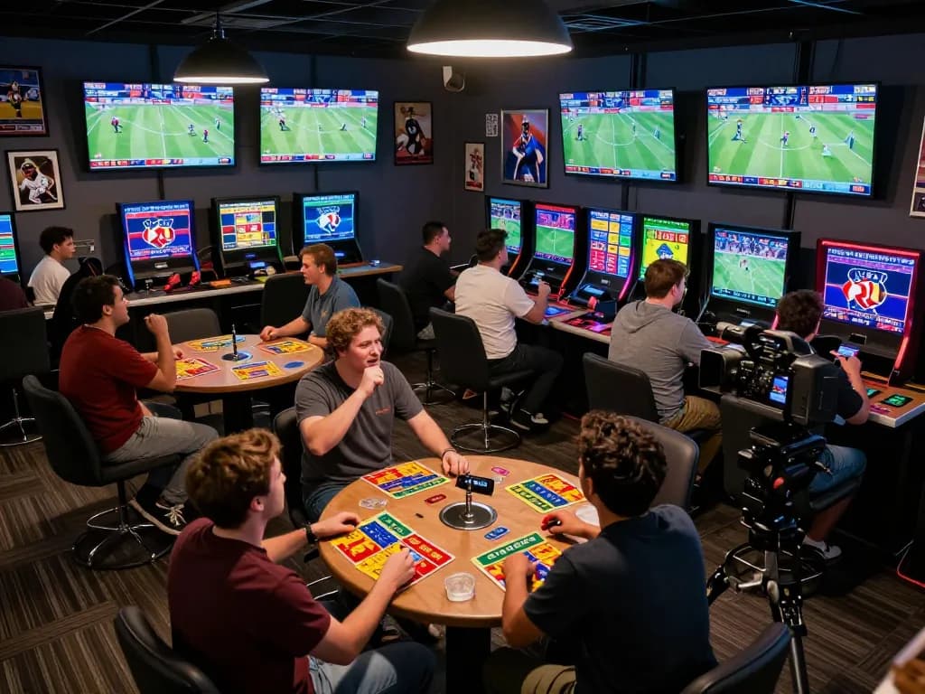 Engaged attendees following live sports scores at Nowgoal sports betting lounge, showcasing excitement and interactive betting experience.