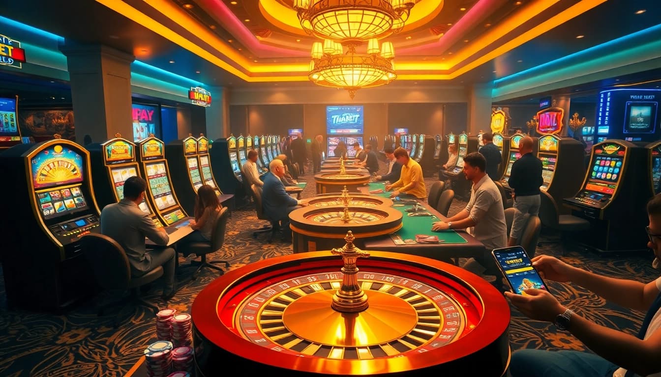 Exciting gambling scene at https://thabet.college/ with players at slot machines and poker tables.