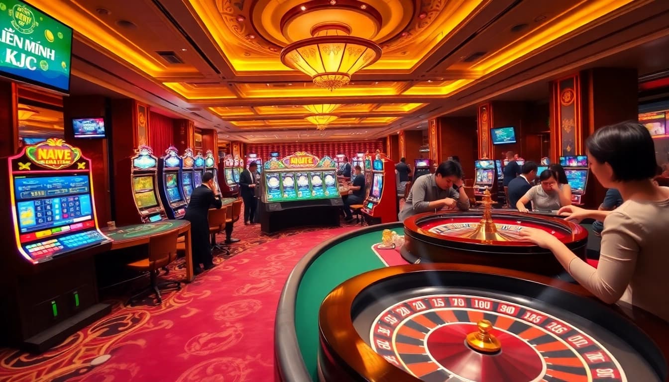 Players enjoying high-stakes games at Liên Minh KJC casino, showcasing luxury gambling experience.