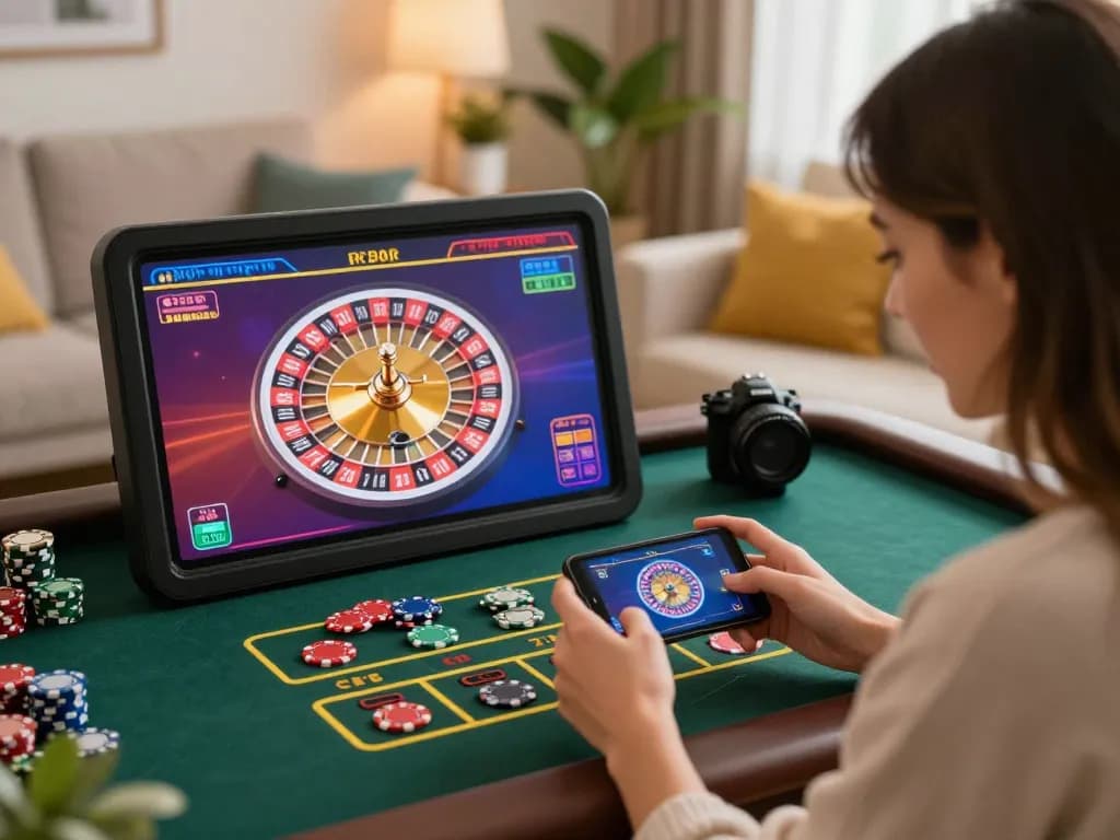 100VIP online casino player spins the roulette wheel on her smartphone in a cozy home setting.
