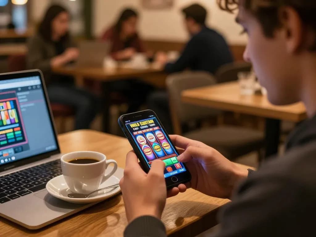 Player enjoying Wild Sultan Casino France on a smartphone, showcasing online gambling excitement in a cozy cafe.