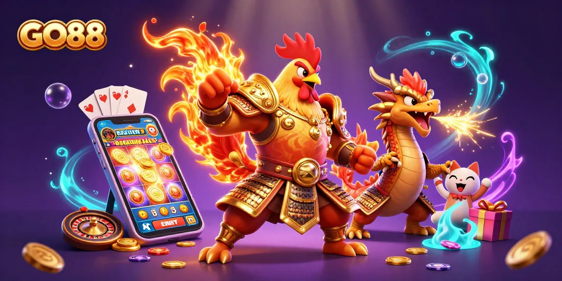 Experience the excitement of GO88 with a fierce rooster warrior and dragon amid vibrant casino elements.