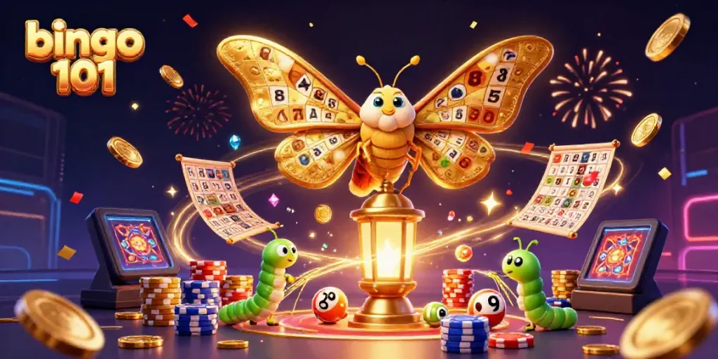 Bingo 101 illustration showcasing bingo elements with vibrant patterns and golden accents.
