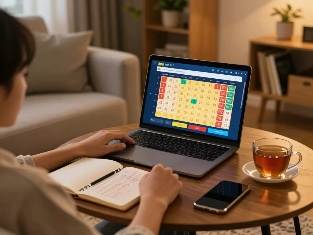Playing togel online in a cozy home setting with a laptop and notebook for strategic betting.