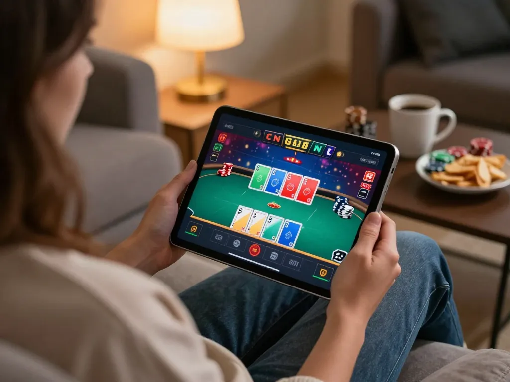 Engaging with poker gameplay on gg88 com through a tablet in a cozy home setting