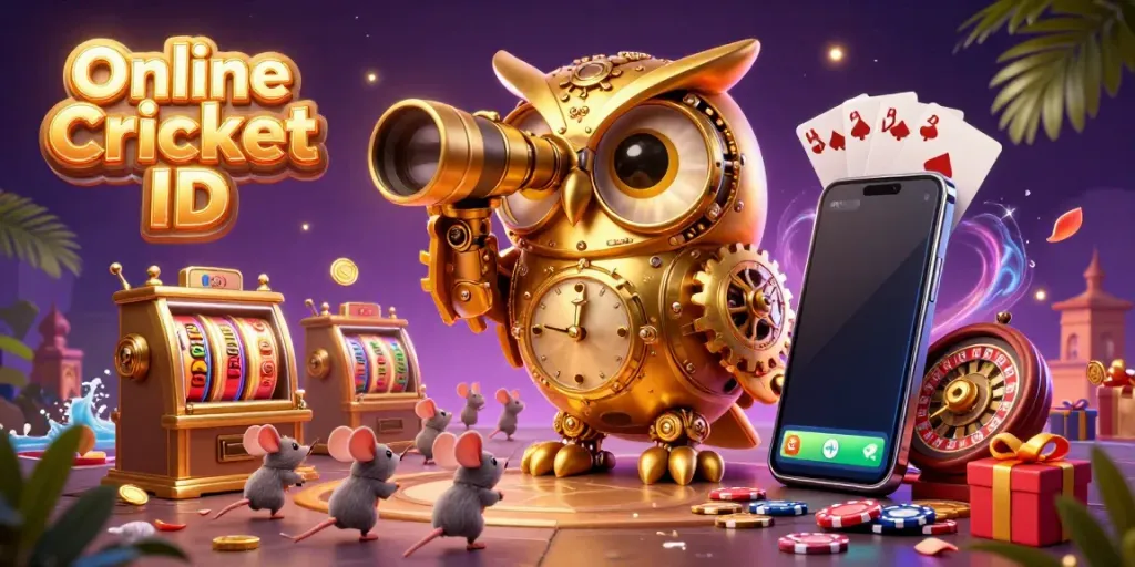 Play cricket excitement with Online Cricket ID as characters enjoy vibrant betting games amidst lively casino elements.