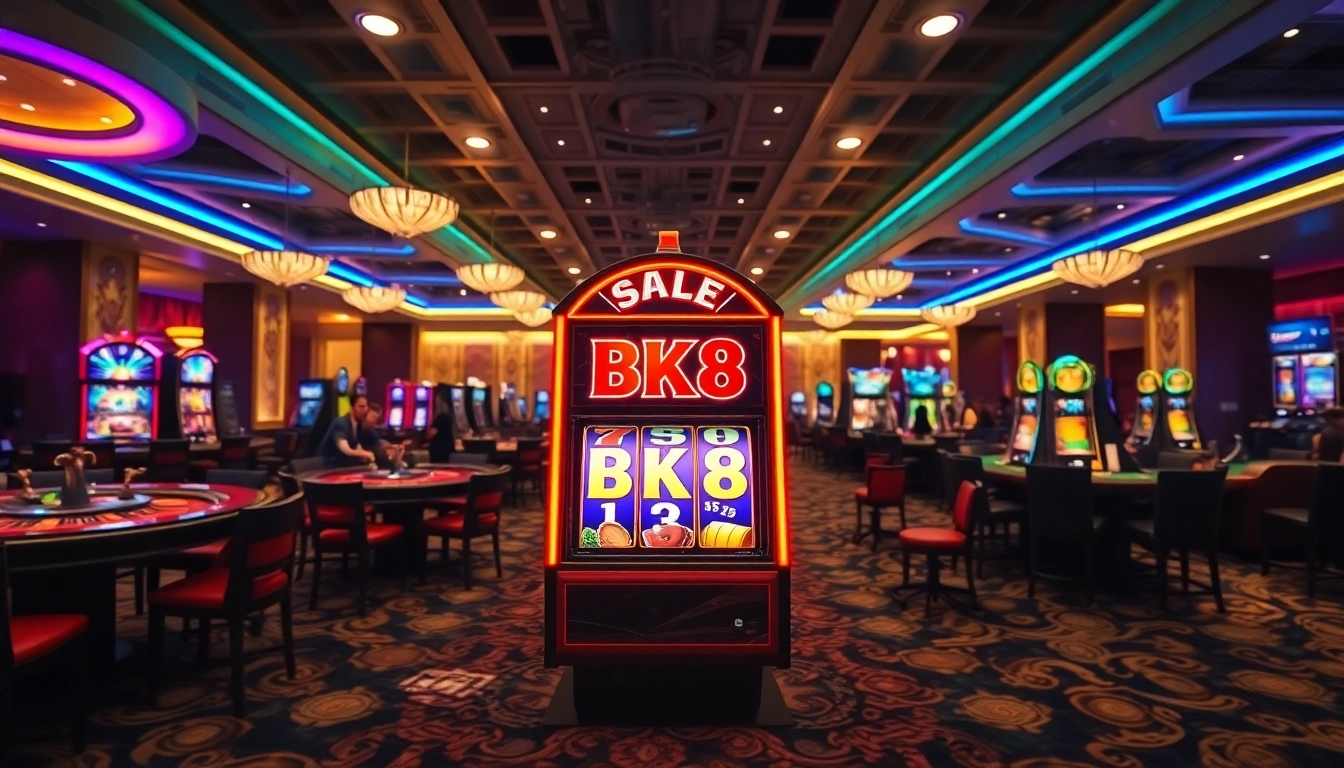 Excited players enjoying the BK8 slot machine in a luxurious casino atmosphere.