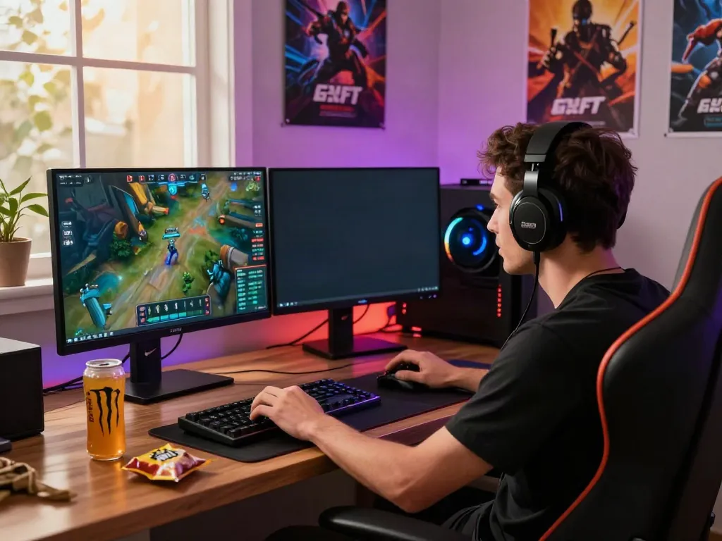 A80 gaming setup with dual monitors, snacks, and vibrant LED lights.