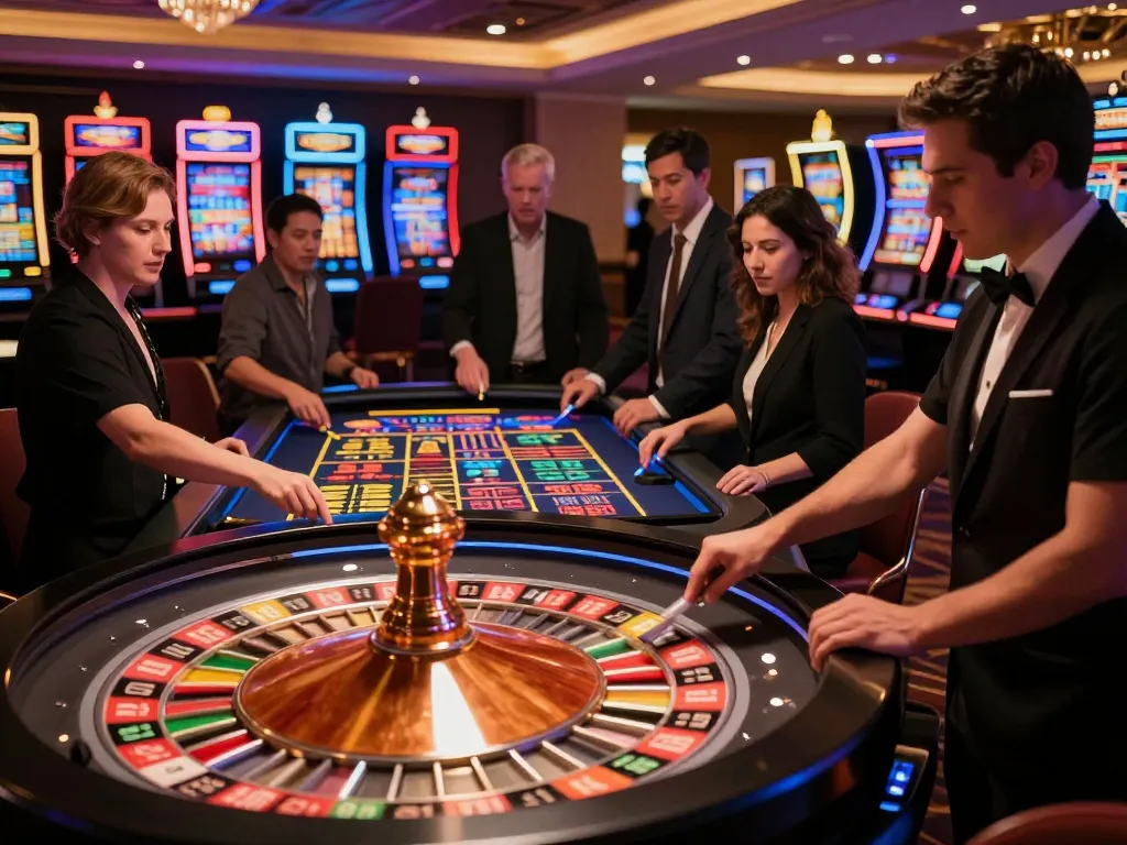Players engaging at the MM88 roulette table in a luxurious casino, showcasing vibrant betting action.