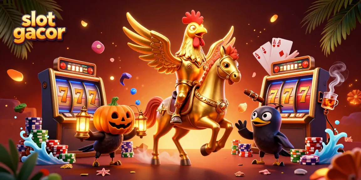 Slot gacor dengan simbol mesin slot dan ruangan kasino penuh cahaya menarik.