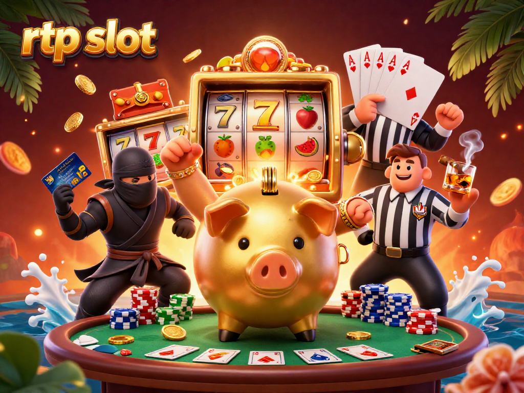 Memainkan rtp slot dengan piggy bank emas sumo di latar belakang kasino yang penuh warna.
