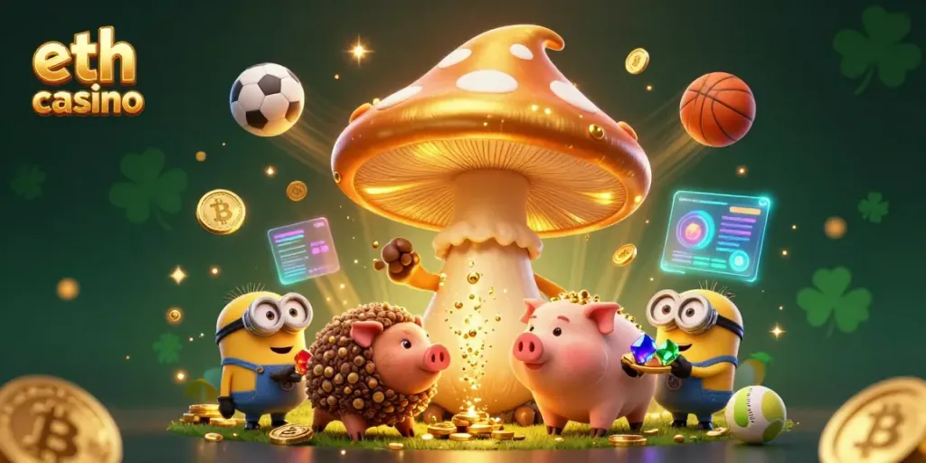 Experience the eth casino with enchanting characters collecting treasures in a vibrant 3D digital illustration.