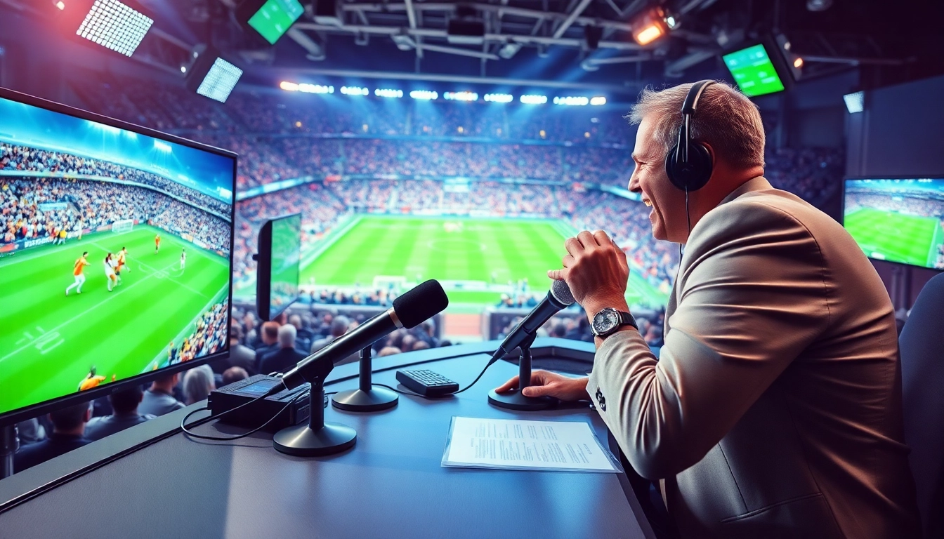 Engaging sports broadcasting studio with a dynamic sportscaster and exciting live commentary.