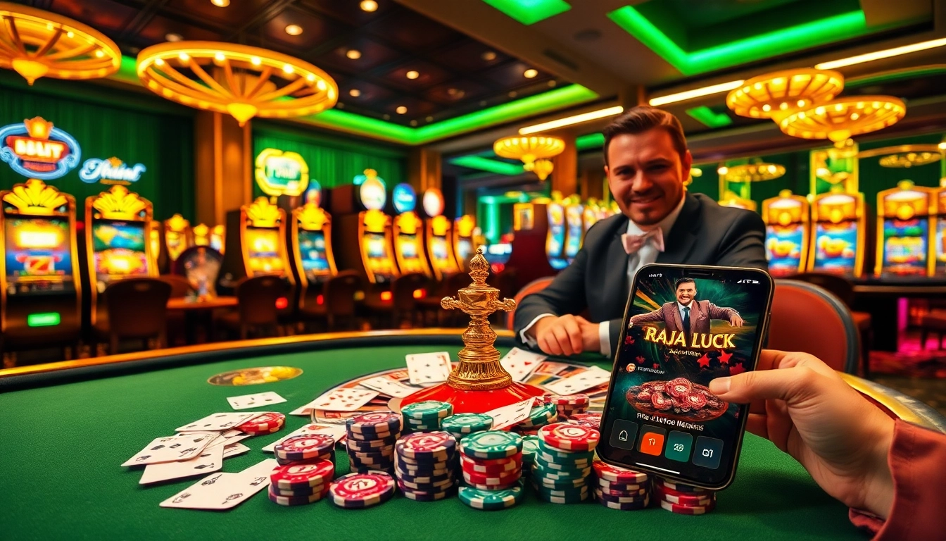 Experience the thrill of raja luck with a dynamic casino scene showcasing poker chips and gaming excitement.