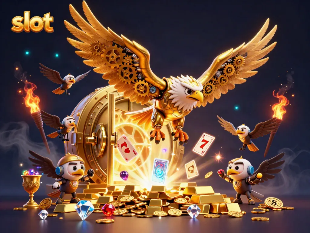 Immerse in vibrant world of slot gaming with the diving cybernetic eagle, surrounded by holographic cards and treasures.