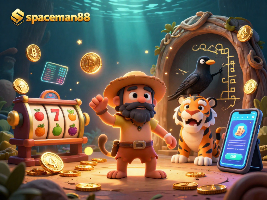 Experience thrilling gameplay with spaceman88 in an energetic prehistoric casino scene featuring slot reels.
